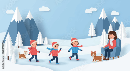 Two dogs, three children, and a woman enjoy a snowy mountain landscape