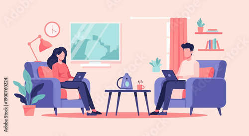 Two people sit comfortably in armchairs, each working on a laptop in a minimalist living room