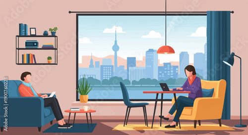 Two people working and relaxing in a modern apartment with a city view