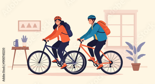 Two people with backpacks wearing helmets cycle indoors next to plants and a window