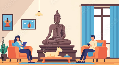 Two people and a dog relax in a living room with a large statue