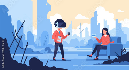 Two people immersed in virtual reality, one standing with a VR headset and coffee, the other seated with a phone