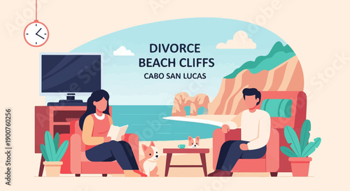 Two people with a dog relax indoors with a view of beach cliffs