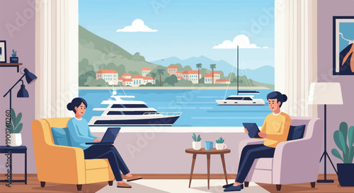 Two people work on laptops at home, with yachts visible through window