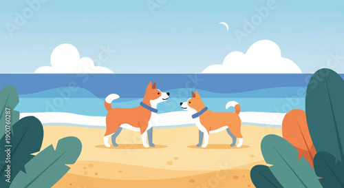 Two dogs on a sunny beach with blue sky and ocean