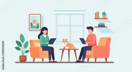 Two people with a pet in a cozy room, interacting with tablets
