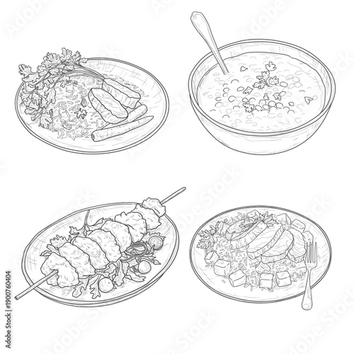 Dish with fried chicken, pilaf and lentil soup, sketch. Vector illustration. Delicious dinner on plate, isolated on white background. Healthy and satisfying food and nutrition concept for Ramadan