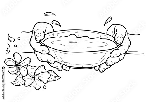Hands holding a bowl of water, flowers and splashes. Vector illustration. Waves and puddles isolated on a white background. Concept of summer, water Thai festival and sea travel. Not AI