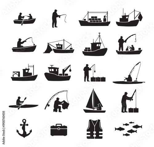 Boat watercraft silhouette icon set, marine transport symbols, ship outline icons, boat vector pack, sea vessel icons, nautical silhouettes, marine ui pack

