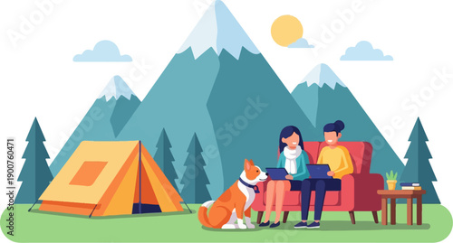 Two people with a dog enjoy a mountain campsite with laptops and a tent