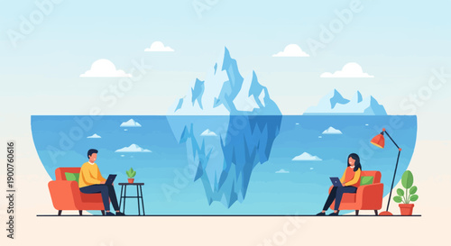 Two people work on laptops from cozy chairs beside a large iceberg in the sea