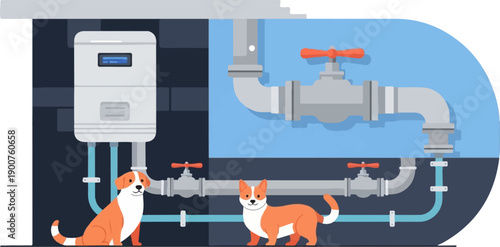 Two dogs near plumbing and a water heater in a stylized setting
