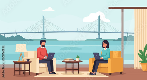 Two people work on laptops from home with a bridge view