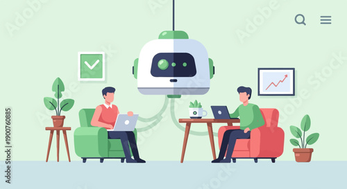 Two people working on laptops, with a robot assistant overhead