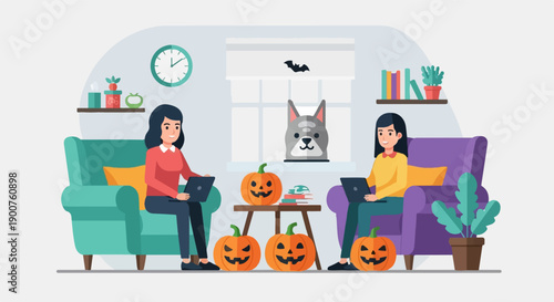 Two people work on laptops from cozy chairs, surrounded by Halloween pumpkins and decor