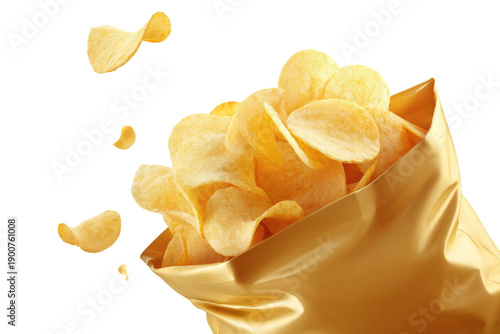 Potato chips spilling from gold-colored bag