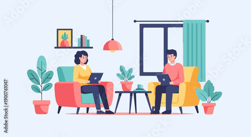 Two people using laptops while sitting on comfortable chairs in a living room
