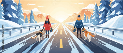 Two people walk their dogs down a snow-covered highway at sunset