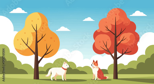 Two dogs in a park with autumn trees and blue sky