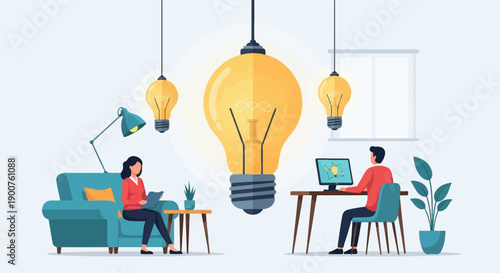 Two people working on laptops with ideas symbolized by bright lightbulbs