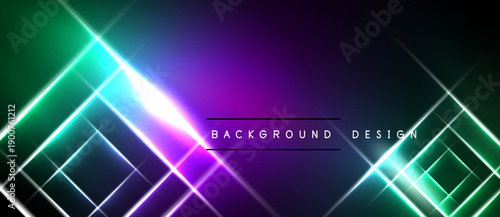 Abstract background features vibrant neon lines, geometric shapes, gradients. Dark space surrounds bright illumination. Modern design element.