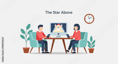 Two people sit at a table, looking at a computer screen with a dog