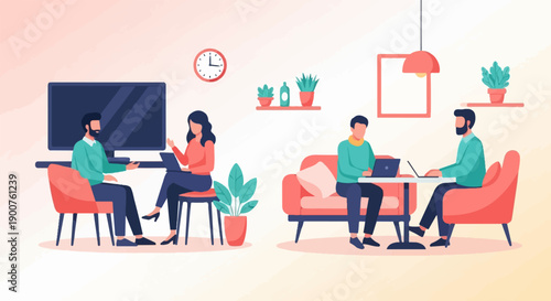 Two groups of people working remotely on laptops in a modern office