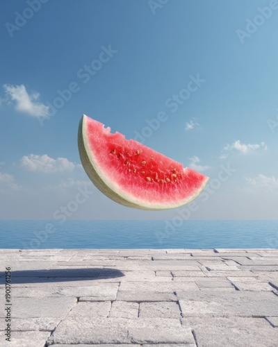 Floating watermelon slice over sea with blue sky and stone terrace
