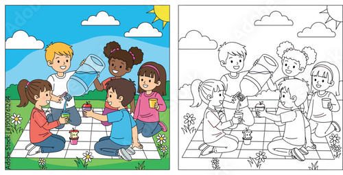 Happy diverse children having a picnic in the park, pouring water from a large bottle and sharing healthy drinks on a sunny summer day vector illustration.
