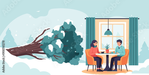 Two people sit at a table in a cafe while a snow-covered tree lies outside