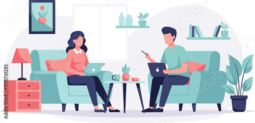 Two people working on laptops and phones while sitting on couches in a living room