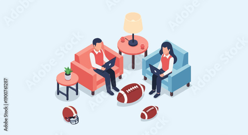 Two people using laptops in armchairs with American footballs and helmet nearby