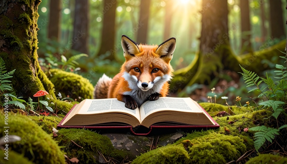 Fototapeta premium Clever Fox Reading a Book in Enchanted Forest Education Concept Storytelling Wildlife Nature Learning Magic.