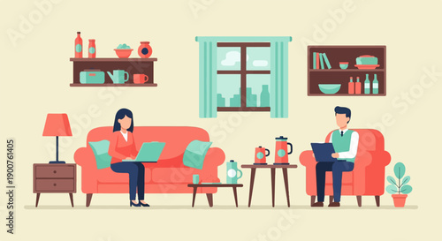 Two people working remotely in a cozy living room setting