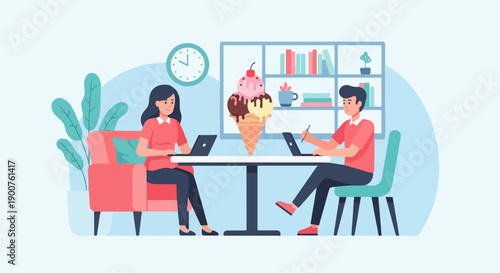 Two people working on laptops at a table with a large ice cream cone