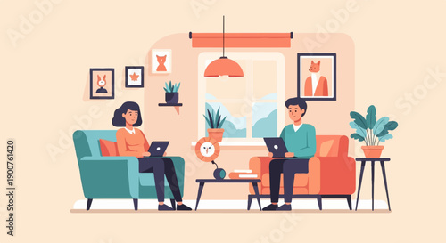 Two people work on laptops in a cozy living room (1)