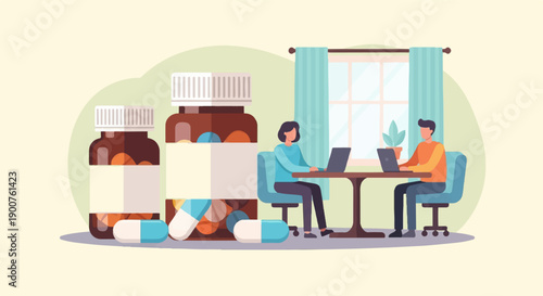 Two people working on laptops at a table next to medicine bottles