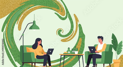 Two people working remotely from comfortable chairs amidst abstract green and gold decor