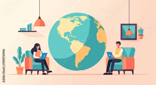 Two people use laptops while sitting near a globe