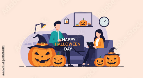 Two people working remotely on Halloween day with pumpkins and festive decor
