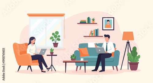 Two people working remotely on laptops in a cozy living room