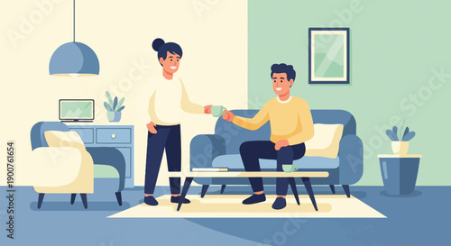 Two people sharing a moment over drinks in a cozy, minimalist living room setting