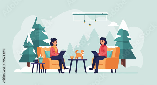 Two people and a dog relax indoors with laptops, winter trees outside