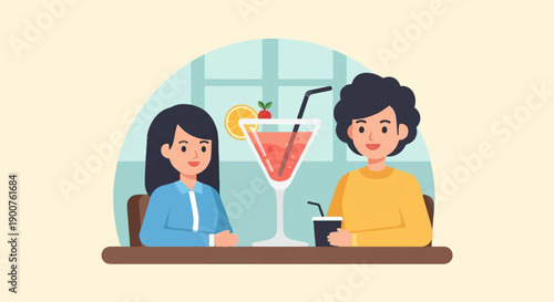 Two people share drinks at a table with a large cocktail in a martini glass