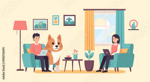 Two people and a dog relax indoors, working on laptops with coffee