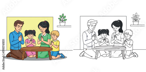 Religious family praying together at home, parents and children kneeling with hands clasped in prayer around a low table, spiritual vector illustration.
