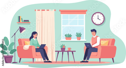 Two people work on laptops in a cozy living room with plants and a clock