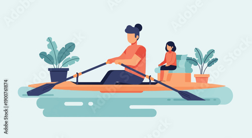 Two people rowing a boat with potted plants on a calm blue water