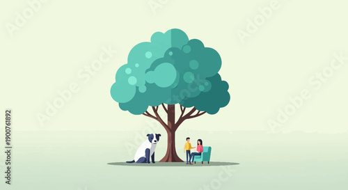 Two people and a dog relax under a tree in this serene scene