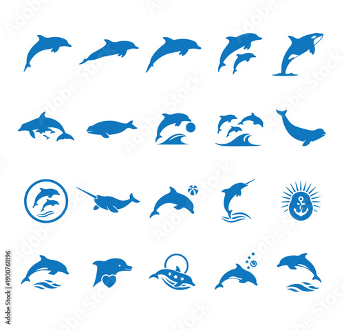 Dolphin Marine Animal Icon Set, Ocean Sea Life PNG, Aquatic Mammal Symbol Clipart, Sea Creature Vector SVG, Dolphin Fish Icons, Marine Wildlife Graphics, Ocean Animal Collection

